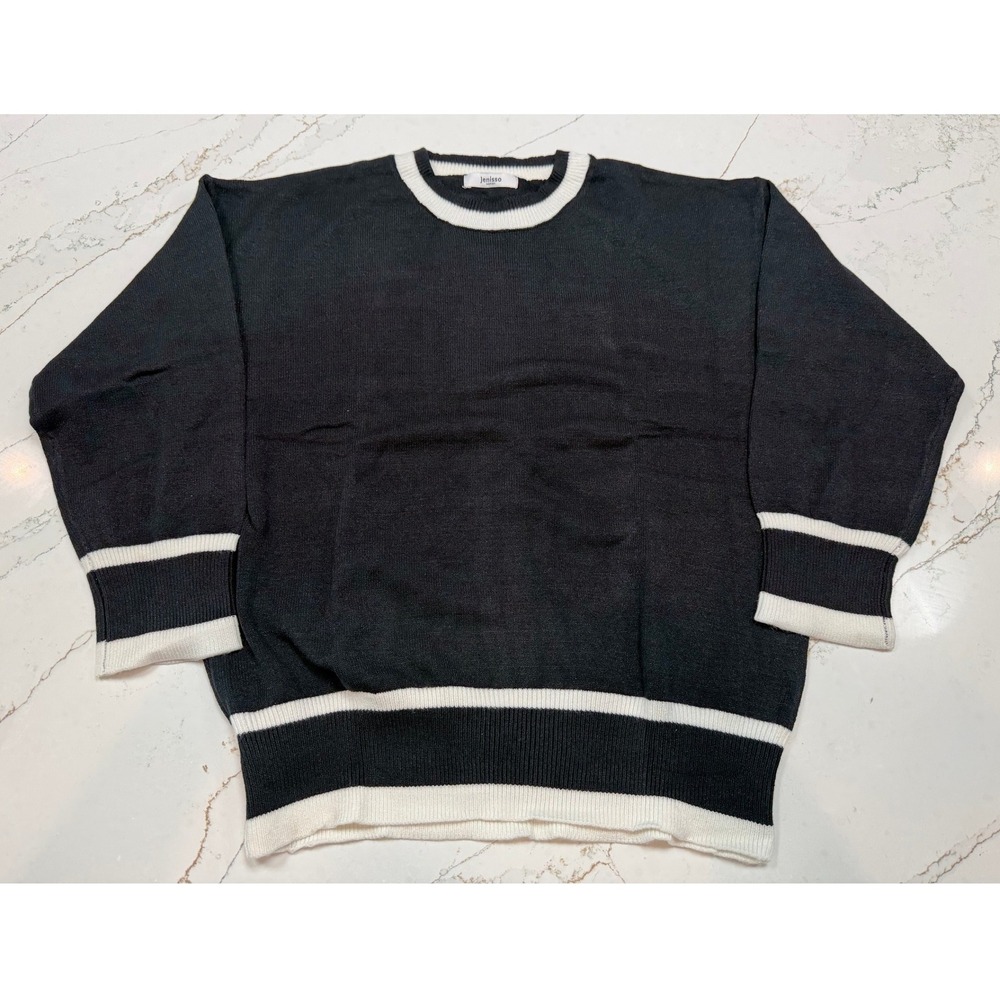 Jenisso Women Black White Stripe Trim Crew Neck Long Sleeve‎ Sweater Size M